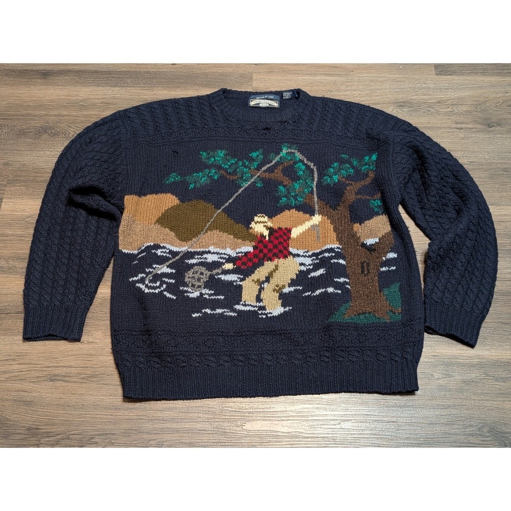 Thornton Bay Vintage 90s Hand Knitted Wool Fishing Scene Sweater Mens XL READ